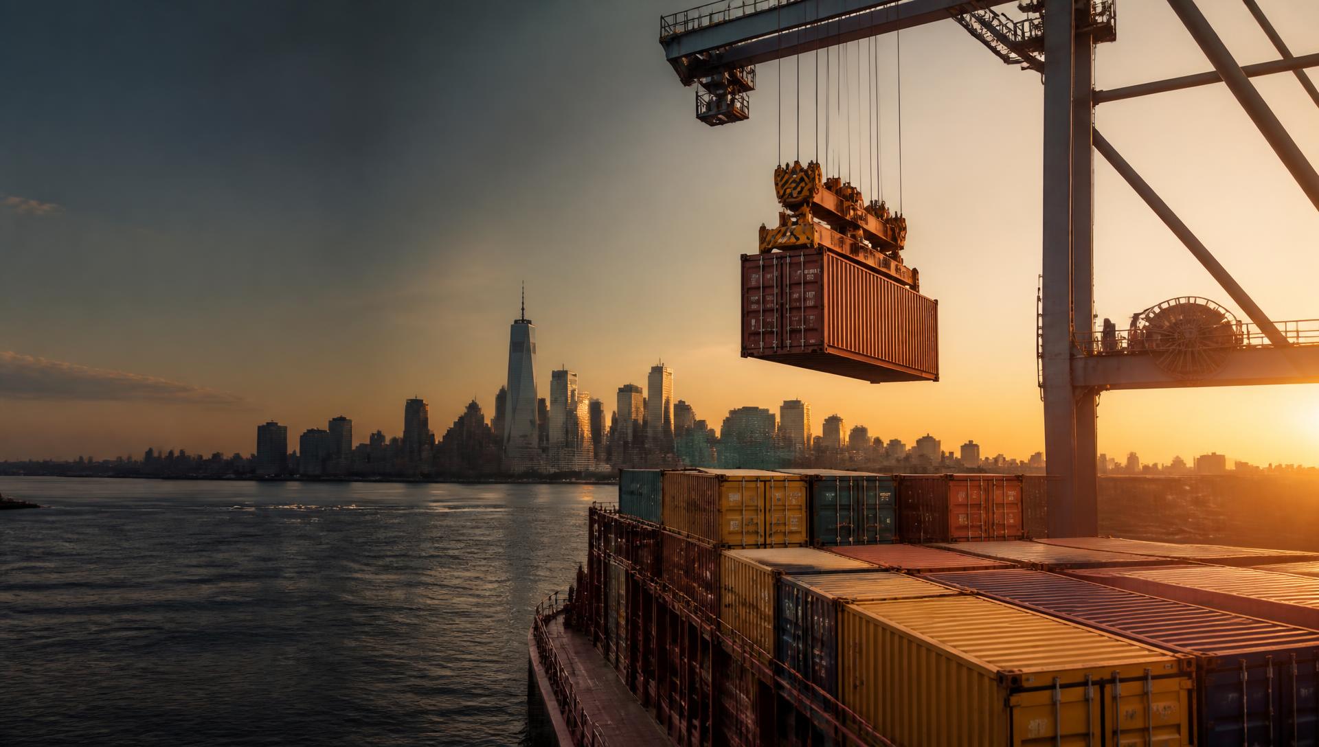 Gantry crane lowering a shipping container at a US port for global sourcing and nationwide delivery